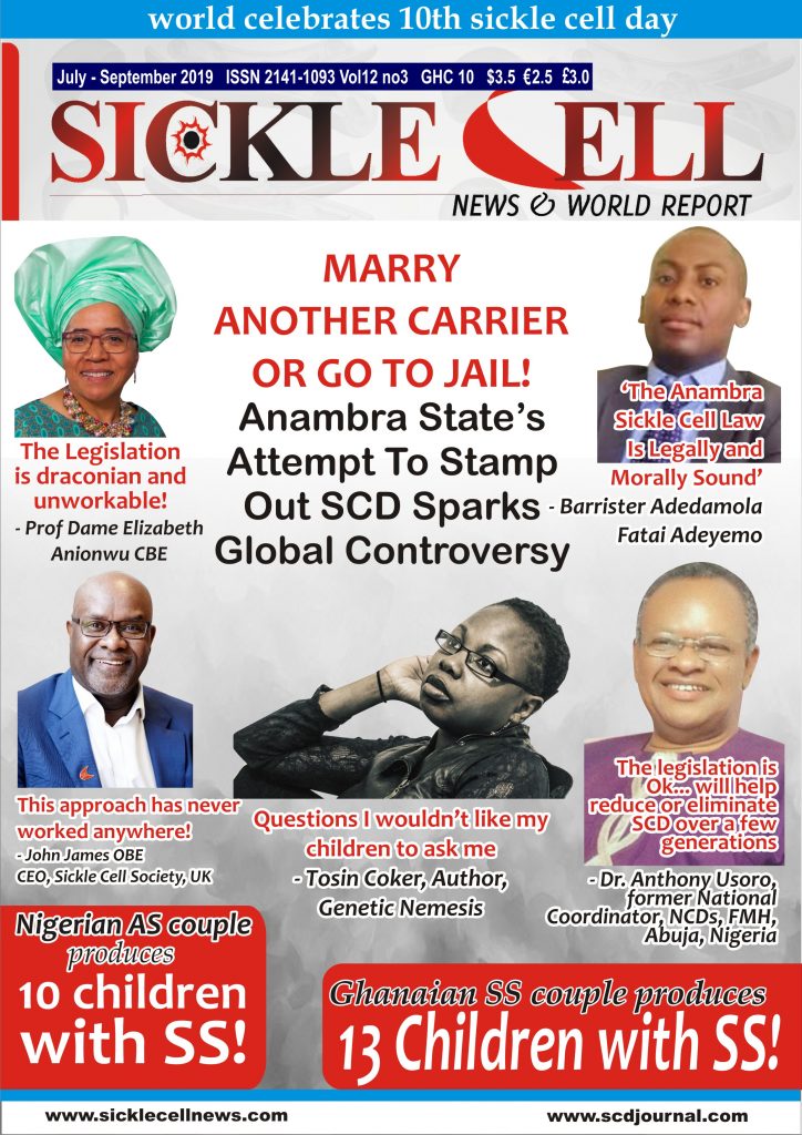 CONTROVERSY: Anambra State of Nigeria promulgates Law to stem the hemorrhage of SCD births. A huge debate for and against ensues from around the global sickle cell community BAHRAIN: At one time, the authorities in Bahrain also considered placing a ban on carrier unions, according to Zakareya Alkhedem, President, Bahrain Sickle Cell Association. Despite allowing citizens to exercise their rights in the choice of a partner, the country is close to eradicating sickle cell! NIGERIA: immoral, un-comprehensive genetic counseling – Lessons from Bahrain INCREDIBLE: A couple, looking for a non-affected child, ends up having 10 children, all with sickle cell anaemia! UK: I wouldn’t want to have to tell my child, ‘Sorry, I thought you won’t mind grappling with sickle cell - I WAS IN LOVE!’ IMPOSSIBLE: SS couple sires 13 children, similarly with SS! WSCD: World celebrates 10th anniversary of Sickle Cell Day AUSTRALIA: Melbourne witnesses birth of country’s first dedicated SCD awareness organization